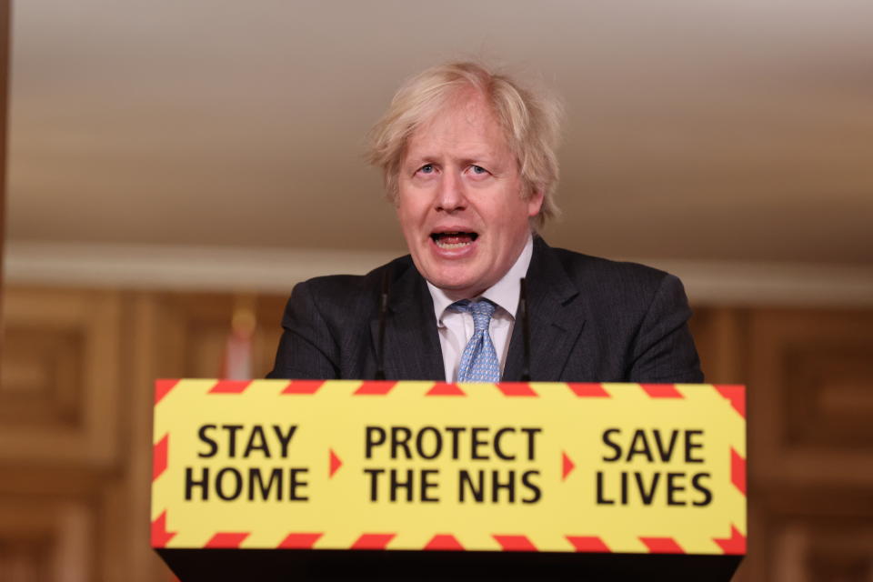 Prime Minister Boris Johnson speaks at a virtual press conference to give an update on the coronavirus Covid-19 pandemic, at Downing Street on Ferbruary 10, 2021 in London, England. (Photo by Steve Reigate - WPA Pool/Getty Images)