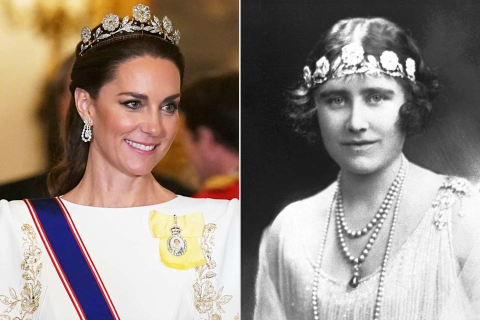 <p>Yui Mok-WPA Pool/Getty; Daily Herald Archive/National Science & Media Museum/SSPL via Getty</p> Kate Middleton and the Queen Mother in the Strathmore Rose tiara