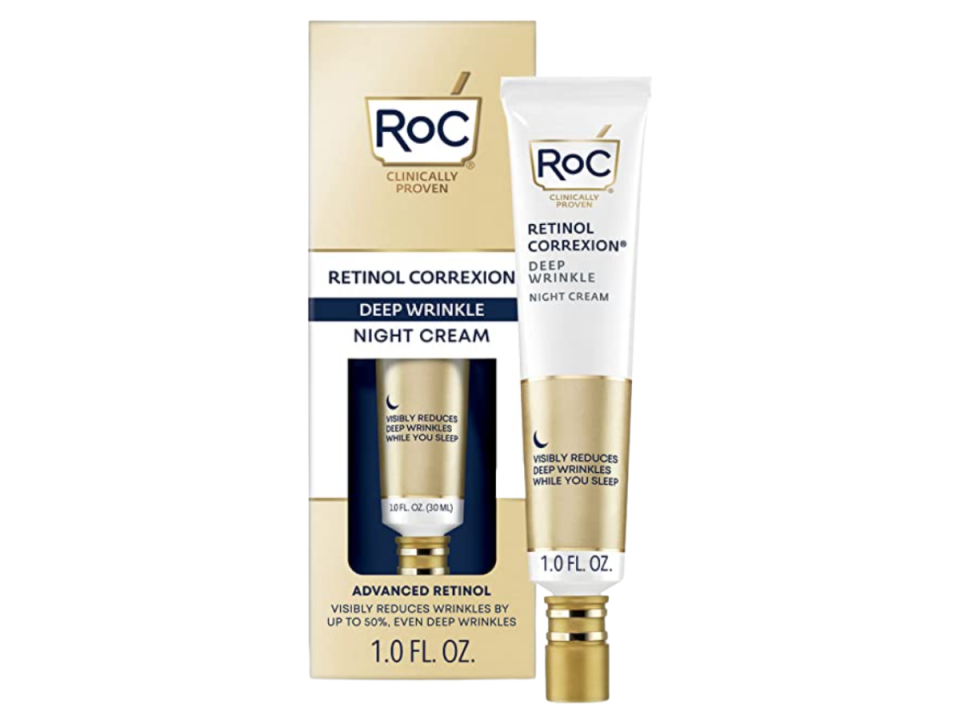 A tube of RoC Retinol Correxion Deep Wrinkle Anti-Aging Night Cream next to its box.