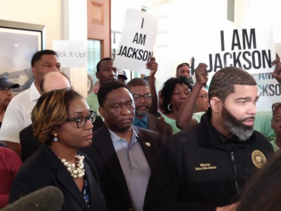 Jackson Mayor Chokwe Antar Lumumba (right) is joined by City Attorney Torri Martin and Chief Financial Officer Fidelis Malembeka addressing reporters following Saturday morning’s rejection of a contract with Richard’s Disposal Inc.