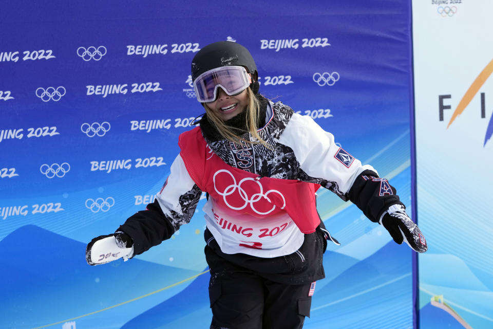 United States' Chloe Kim reacts during the women's halfpipe finals at the 2022 Winter Olympics, Thursday, Feb. 10, 2022, in Zhangjiakou, China. (AP Photo/Lee Jin-man)
