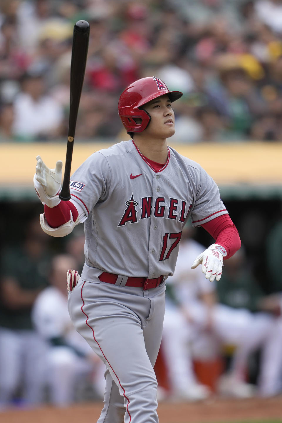 Los Angeles Angels' Shohei Ohtani reacts after popping out during the seventh inning of a baseball game against the Oakland Athletics in Oakland, Calif., Saturday, Sept. 2, 2023. (AP Photo/Jeff Chiu)