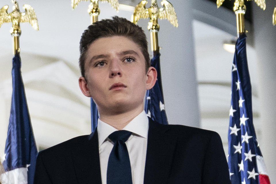 FILE - Barron Trump stands on the South Lawn of the White House on the fourth day of the Republican National Convention in Washington, Aug. 27, 2020. Former President Donald Trump’s youngest son has been chosen to serve as a Florida delegate to the Republican National Convention, the state party chair said Wednesday, May 8, 2024. Barron Trump has been largely kept out of the public eye, but he turned 18 on March and is graduating from high school next week. (AP Photo/Evan Vucci, File)