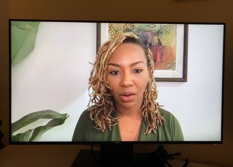 Black Lives Matter co-founder, Opal Tometi, speaks from Los Angeles during an interview on Zoom with Reuters in Lagos