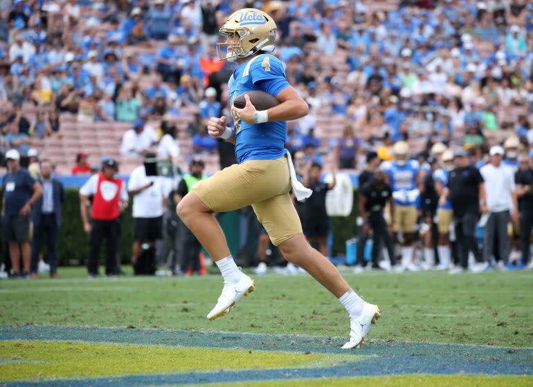 UCLA quarterback Ethan Garbers scores on a two-yard, second-quarter touchdown run against Alabama State on Sept. 10, 2022.