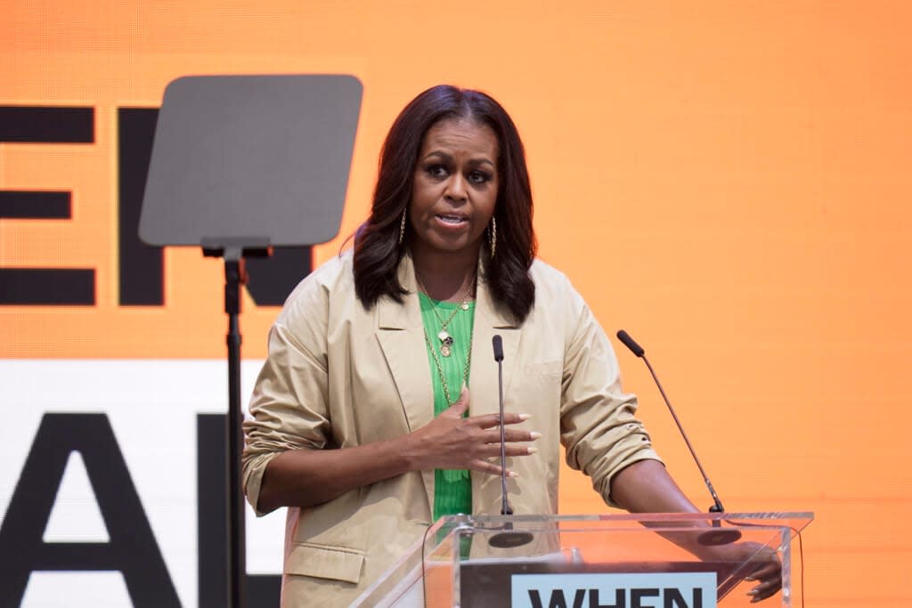 Former first lady Michelle Obama speaks at the Culture of Democracy Summit in Los Angeles, Monday, June 13, 2022. (AP Photo/Jae C. Hong)