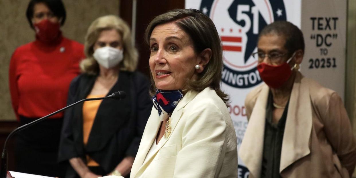 U.S. Speaker of the House Rep. Nancy Pelosi (D-CA) speaks as DC Mayor Muriel Bowser, Rep. Carolyn Maloney (D-NY), and Rep. Eleanor Holmes Norton (D-DC) listen during a news conference on District of Columbia statehood June 25, 2020 on Capitol Hill in Washington, DC.