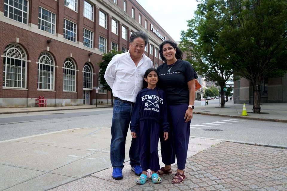 Providence Journal Executive Editor David Ng meets 9-year-old Meera Chand and her mom, Monisha Kapila, during their recent three-day visit to Rhode Island from their home in Virginia.