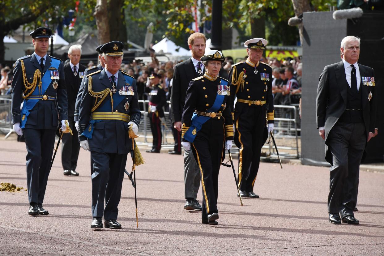 (REAR-L/R): Prince William, Prince of Wales, Prince Harry, Duke of Sussex, Vice Admiral, Sir Timothy Lawrence (FRONT-L/R):) King Charles III, Princess Anne, Princess Royal and Prince Andrew, Duke of York walkthe coffin of Queen Elizabeth II, adorned with a Royal Standard and the Imperial State Crown and pulled by a Gun Carriage of The King's Troop Royal Horse Artillery, during a procession from Buckingham Palace to the Palace of Westminster, in London on September 14, 2022.