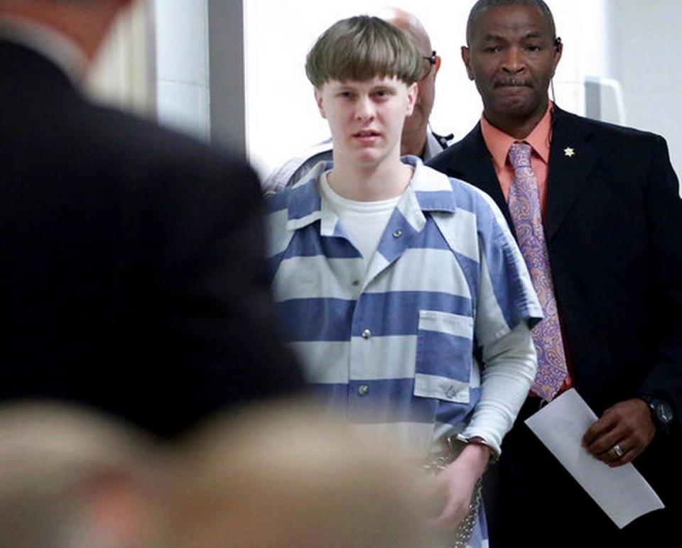 FILE - In this April 10, 2017, file photo, Dylann Roof enters the court room at the Charleston County Judicial Center to enter his guilty plea on murder charges in Charleston, S.C. White supremacist Roof on Tuesday, Jan. 28, 2020, appealed his federal convictions and death sentence in the 2015 massacre of nine black church members in South Carolina, arguing that he was mentally ill when he represented himself at his capital trial.