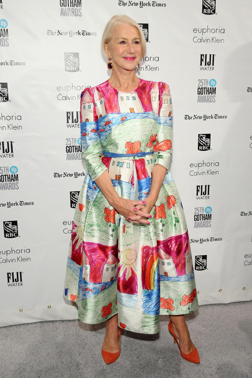 Mirren’s whipped out this Dolce & Gabbana, hand-drawn, frock on numerous occasions - and we love it just as much as her.<i> [Photo: Getty]</i>