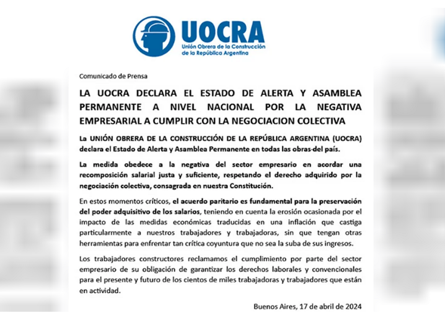 El comunicado que difundió la UOCRA.