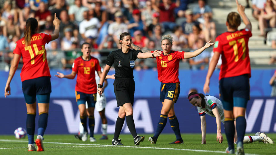 Referee Katalin Kulcsar awards USA a penalty. (Photo by Maddie Meyer - FIFA/FIFA via Getty Images)