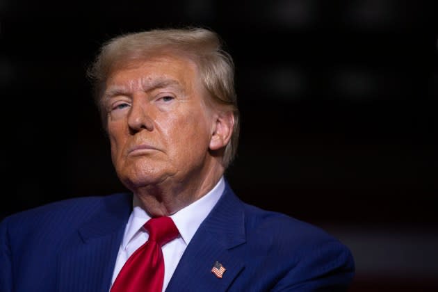 Donald Trump at a campaign event in Potterville, Michigan, in August 2024. - Credit: Bill Pugliano/Getty Images