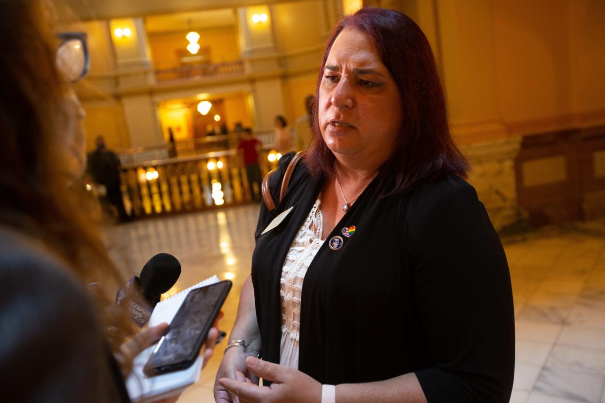 Rep. Stephanie Byers, D-Wichita, speaks with reporters in 2021. Byers announced Friday she would not seek re-election to the Kansas House due to a need to care for family out-of-state.