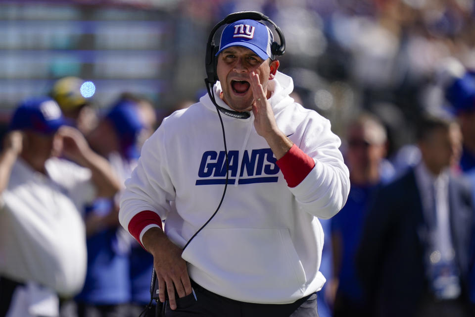 New York Giants head coach Joe Judge reacts on the sidelines during the first half of an NFL football game against the Atlanta Falcons, Sunday, Sept. 26, 2021, in East Rutherford, N.J. (AP Photo/Seth Wenig)