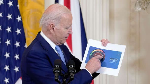 PHOTO: President Joe Biden holds a paper showing an air quality level for Washington as he speaks about Canada's wildfires during a news conference in the East Room of the White House in Washington, D.C., on June 8, 2023. (Manuel Balce Ceneta/AP)