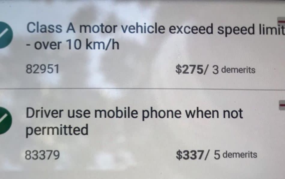 The man's offences, including speeding and using his phone when not permitted, listed on a police device. 