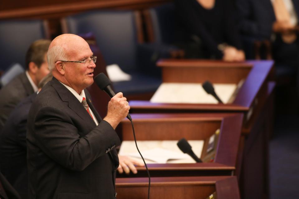 Sen. Dennis Baxley speaks during a meeting of the 2019 Republican Caucus where Sen. Wilton Simpson, R-Citrus, was nominated as Senate president-designate for the 2020-2022 sessions Tuesday, Oct. 15, 2019.  
