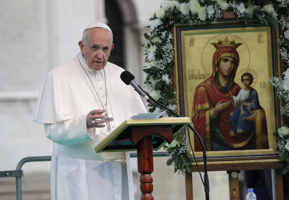 Pope Francis speaks outside the Cathedral of Saint Alexander Nevsky in Sofia, Bulgaria, Sunday, May 5, 2019. Pope Francis is visiting Bulgaria, the European Union's poorest country and one that taken a hard line against migrants, a stance that conflicts with the pontiff's view that reaching out to vulnerable people is a moral imperative. (AP Photo/ Alessandra Tarantino)