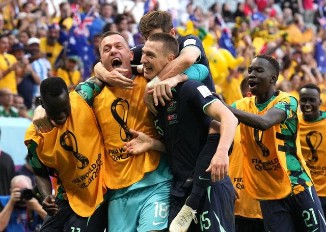 Australia’s Mitchell Duke celebrates scoring at the World Cup