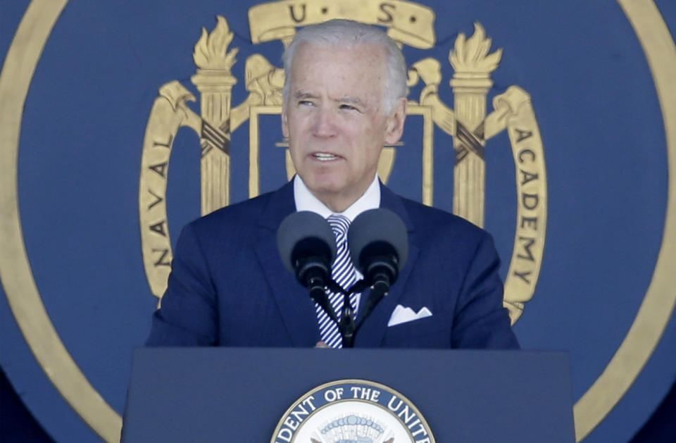 Vice President Joe Biden speaks at the U.S. Naval Academy's graduation and commissioning ceremony, Friday, May 22, 2015, in Annapolis, Md. (Patrick Semansky/AP Photo)