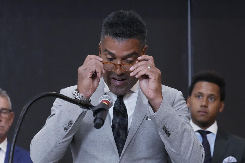 Dr. William Yates, father of former Northwestern quarterback Lloyd Yates, speaks at a news conference in Chicago, Monday, July 24, 2023. A Northwestern hazing scandal includes multiple sports, men and women, attorneys have said. (AP Photo/Nam Y. Huh)