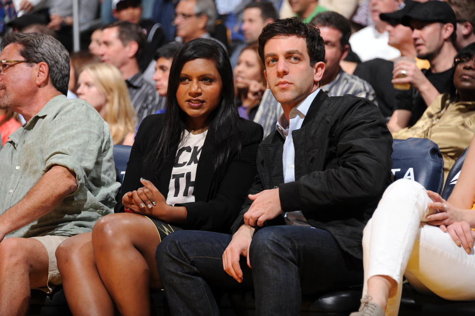 Actress Mindy Kaling and Actor B.J. Novak attend a game between the Houston Rockets and the Los Angeles Lakers at Staples Center on April 6, 2012 in Los Angeles, California. Copyright 2012 NBAE