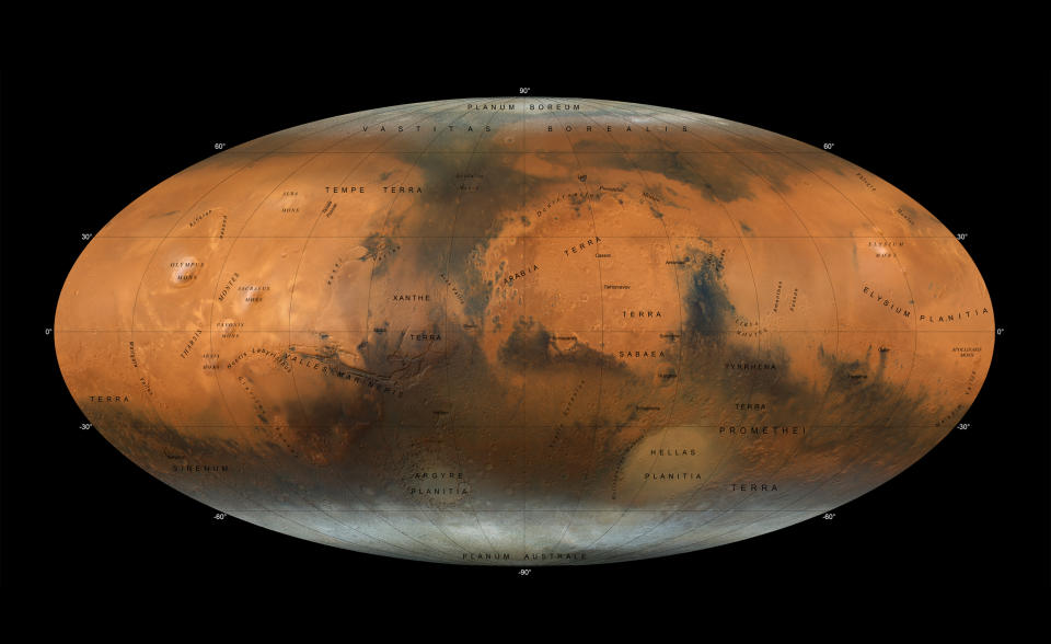 Un nuevo atlas de Marte, creado al unir imágenes capturadas por la sonda Hope de los Emiratos Árabes Unidos. (Abdullah Al Ateqi, Dimitra Atri y Dattaraj B. Dhuri, Centro de Ciencias Espaciales de la Universidad de Nueva York, campus Abu Dabi, vía The New York Times)
