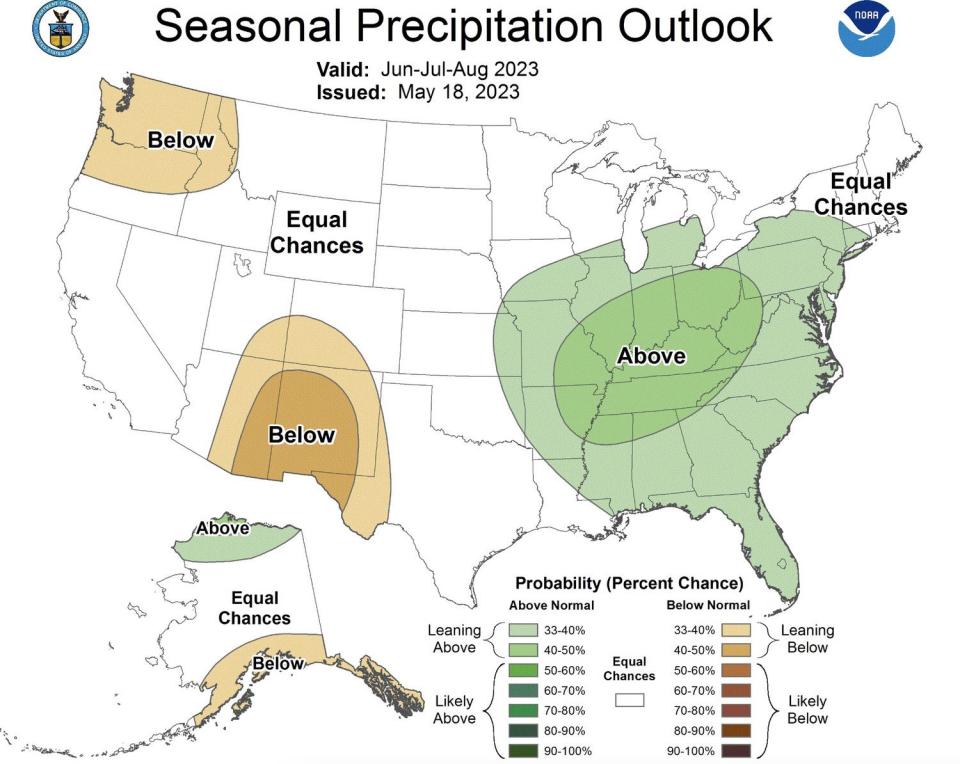 This map, released by the National Weather Service Climate Prediction Center on Thursday, shows the precipitation outlook for the meteorological summer months of June, July and August. Most of Utah is listed as being in "equal chances," meaning its outlook is less certain this summer. 