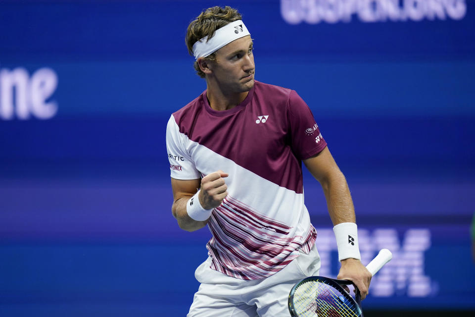 Casper Ruud, of Norway, reacts after scoring a point against Matteo Berrettini, of Italy, during the quarterfinals of the U.S. Open tennis championships, Tuesday, Sept. 6, 2022, in New York. (AP Photo/Seth Wenig)