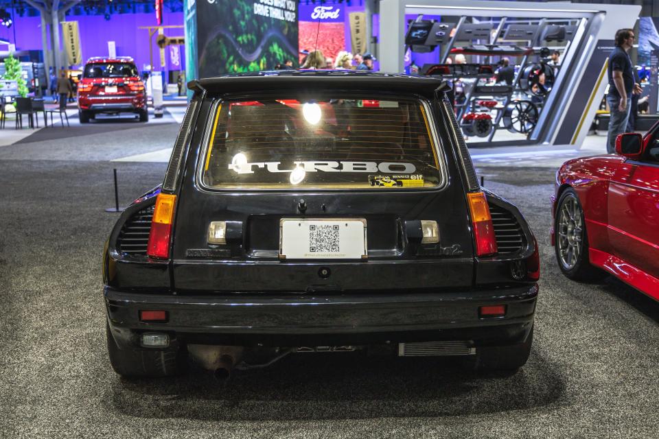<p>The Turbo 2 was a slightly toned-down version of the original Renault 5 Turbo, using more stock Renault 5 parts and dropping the price, although performance was still similar to the earlier versions. We especially like the TURBO 2 graphic running along the doors and the Renault Elf Formula 1 sticker on this example’s rear window. </p>