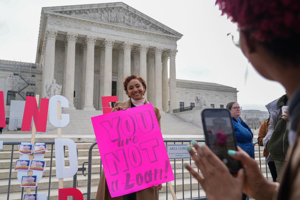 Maddy Clifford, an organizer with the Debt Collective, visited the Supreme Court on Feb. 28. Oral arguments were heard in two cases that challenge President Joe Biden's $400 billion student loan forgiveness plan.