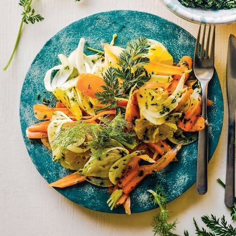 carrot and fennel top pesto with salad - Credit: Haarala Hamilton