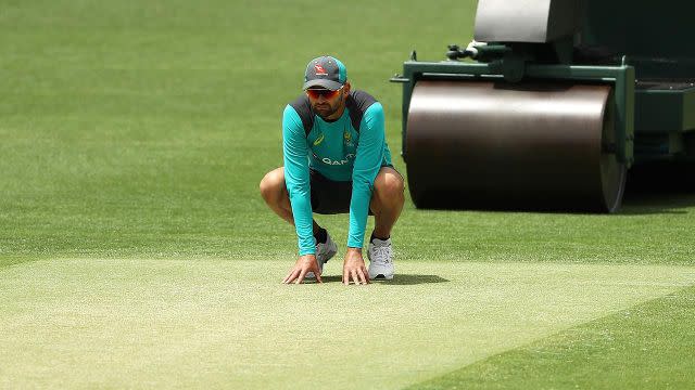 Nathan Lyon inspects the Gabba pitch. Pic: Getty