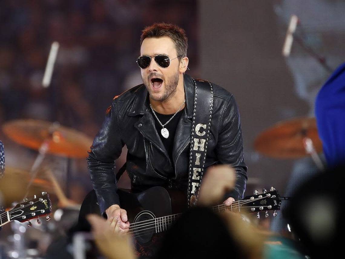 Country music singer Eric Church performs at halftime during an NFL football game between the Washington Redskins and Dallas Cowboys on Thursday, Nov. 24, 2016, in Arlington, Texas.