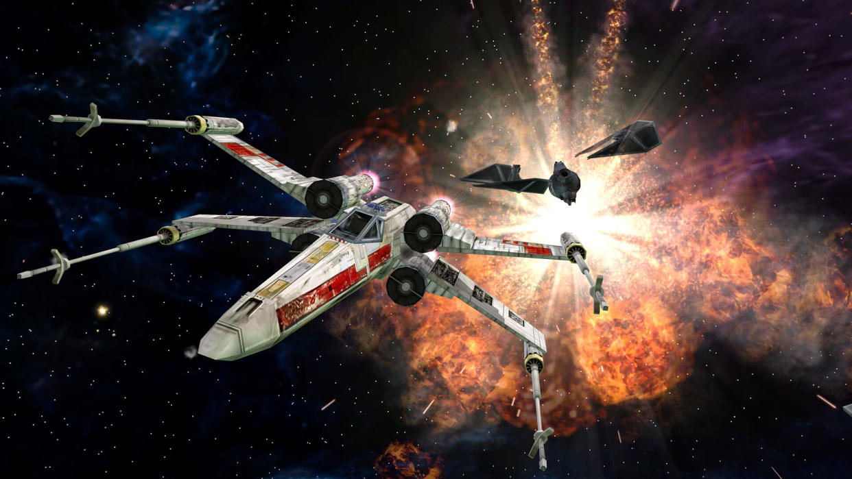  An X-wing escapes an explosion in Star Wars: Battlefront Classic Collection. 