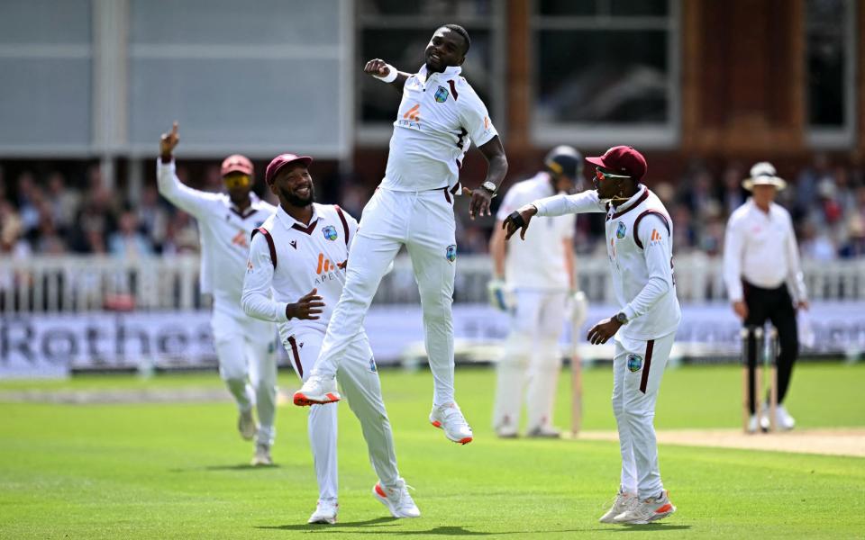 Jayden Seales punches the air after dismissing Ben Duckett