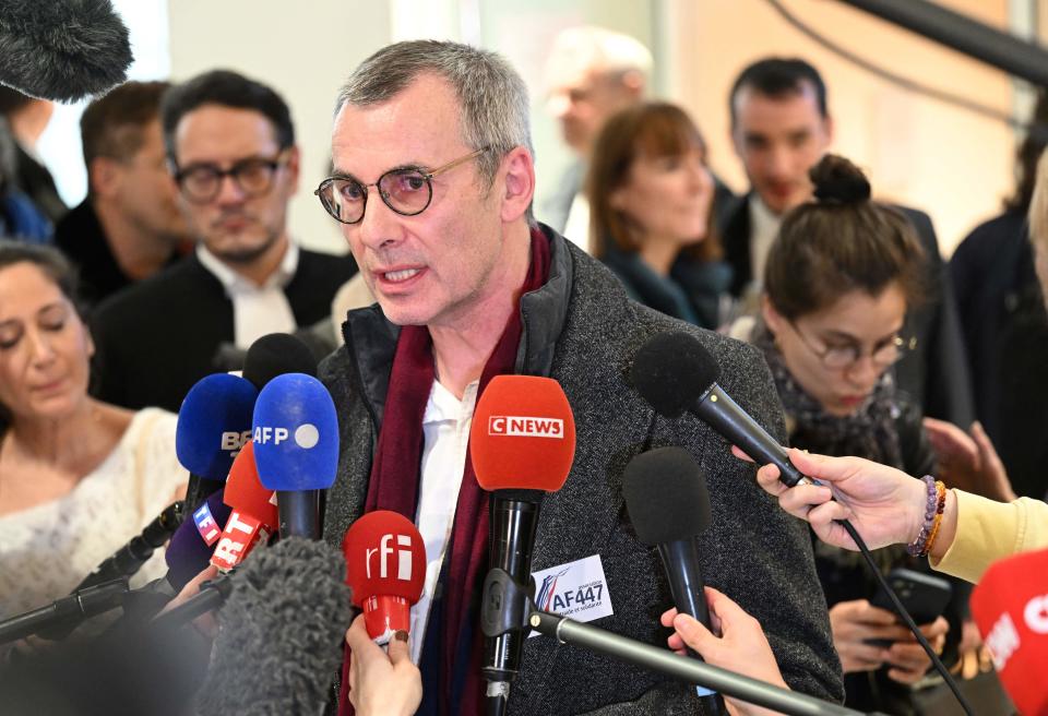 Philippe Linguet, the brother of a victim of the crash and vice president of the AF447 victims' association, talks to the press at a Paris courthouse on April 17, 2023 after the trial of Air France and plane manufacturer Airbus for the crash of the Rio-Paris Air France flight A330 on June 1, 2009, which killed 228 people. / Credit: BERTRAND GUAY/AFP/Getty