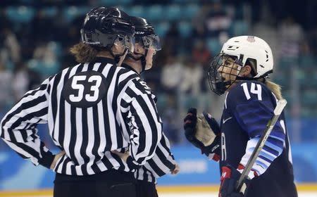 Ice Hockey - Pyeongchang 2018 Winter Olympics - Women's Semifinal Match - U.S. v Finland - Gangneung Hockey Centre, Gangneung, South Korea - February 19, 2018 - Brianna Decker of U.S. talks with officials. REUTERS/David W. Cerny