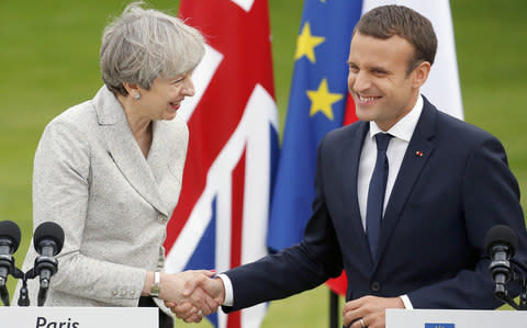 Emmanuel Macron shakes hands with British Prime Minister Theresa May - Credit: Getty 