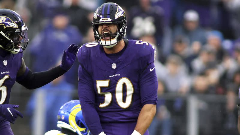 Baltimore Ravens linebacker Kyle Van Noy (50) celebrates during an NFL football game against the Los Angeles Rams, Sunday, December 10, 2023 in Baltimore, Md.