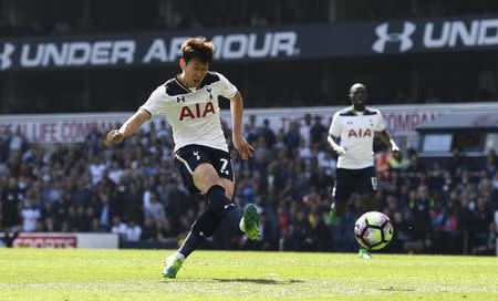 Britain Football Soccer - Tottenham Hotspur v Watford - Premier League - White Hart Lane - 8/4/17 Tottenham's Son Heung-min misses a chance to complete his hat trick Reuters / Dylan Martinez Livepic