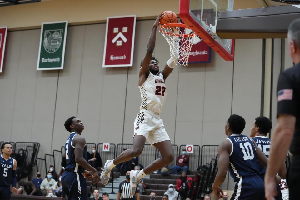 Brown vs. Yale, 1/17/21: Brown's Jaylan Gainey goes in for a bucket against Yale on Monday night at the Pizzitola Sports Center in Providence.