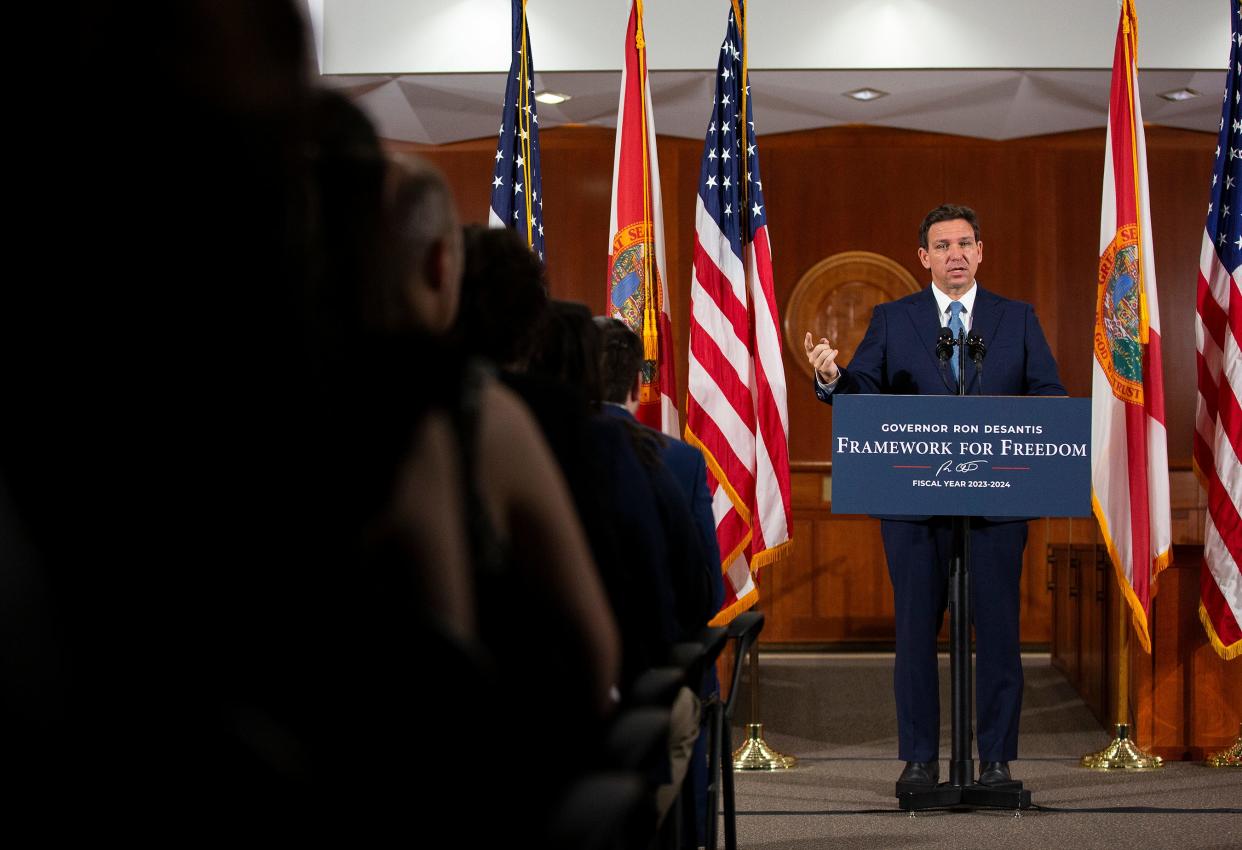 Florida Gov. Ron DeSantis announces his budget for the new fiscal year at the Florida Capitol on Wednesday, Feb. 1, 2023 in Tallahassee, Fla. 