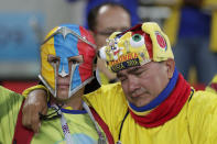 <p>Colombian fans reacts after England defeated Colombia in a penalty shoot out during the round of 16 match between Colombia and England at the 2018 soccer World Cup in the Spartak Stadium, in Moscow, Russia, Tuesday, July 3, 2018. (AP Photo/Ricardo Mazalan) </p>