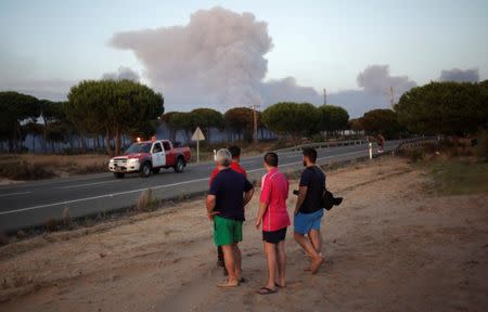 People look at smoke from a forest fire near Donana National Park in Mazagon, southern Spain June 25, 2017. REUTERS/Jon Nazca