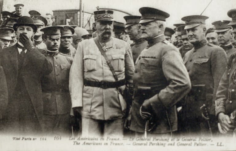 In a show of bravado, the US military commander, General John Pershing (Center R), landed in France in June 1917 with 14,000 soldiers