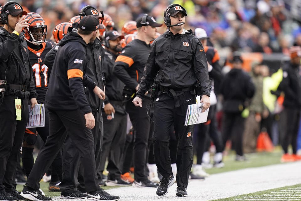 Cincinnati Bengals head coach Zac Taylor watches during the first half of an NFL football game against the Cleveland Browns, Sunday, Dec. 29, 2019, in Cincinnati. (AP Photo/Bryan Woolston)