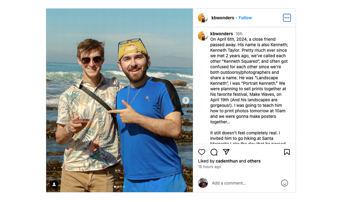 Cal Poly student Kenneth Taylor, left, was found dead at the base of the Salmon Creek waterfall on April 6, 2024. Friend Kenneth Bevens, right, posted a tribute to Taylor on Instagram.